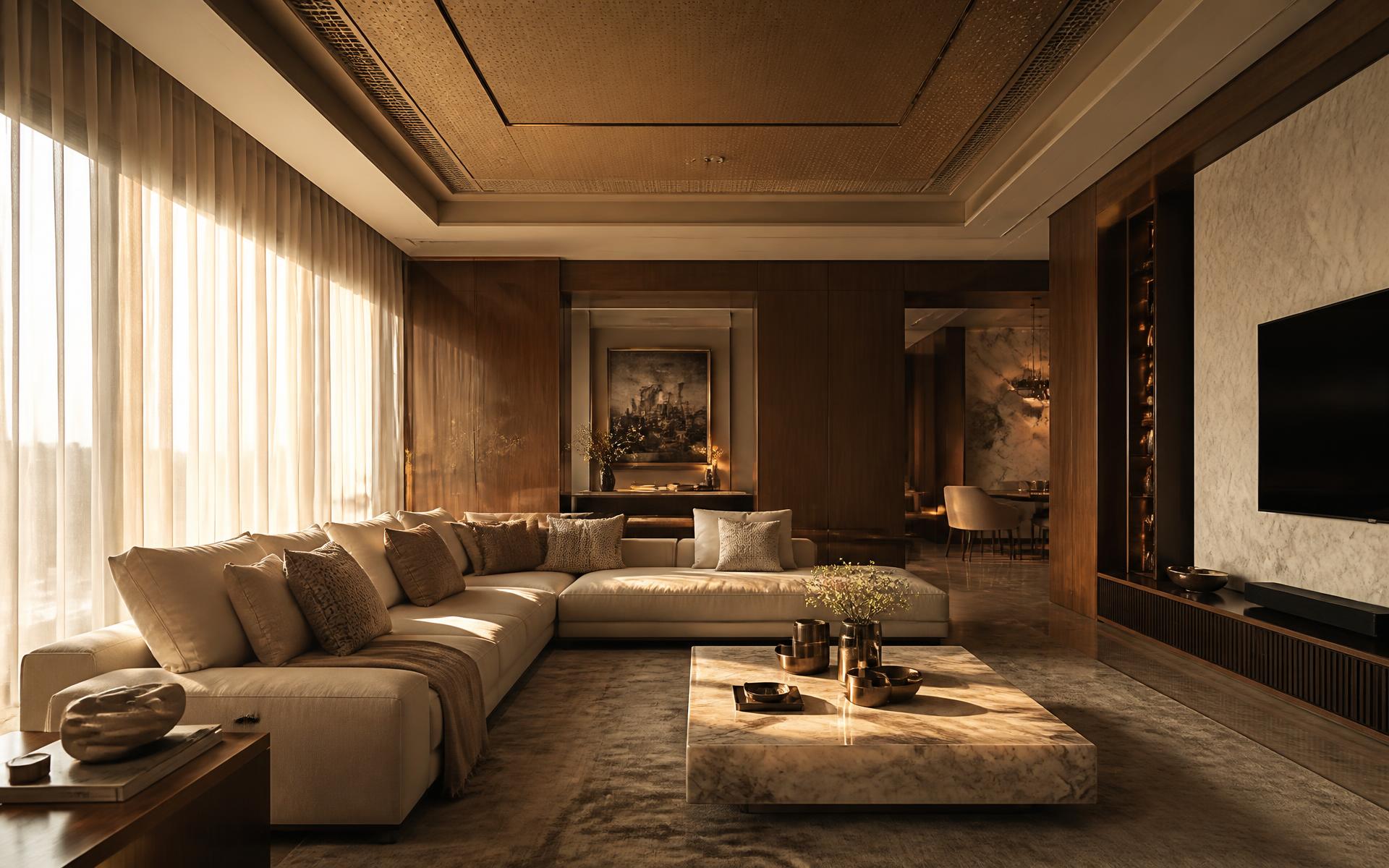 Luxury modern living room interior with warm natural light, wood panelling and marble detailing